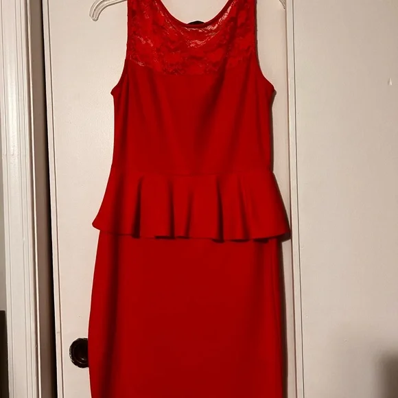 Coral Colored Lace Peplum Dress - Picture 4 of 5